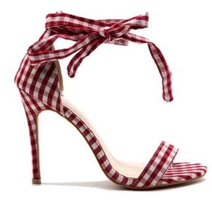 Liliana Scottish Plaid Red Gingham Stilettos with Cross Tie Straps